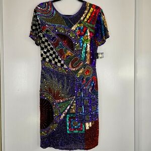 Vtg Joan Leslie Silk 1980 Fully Embellished Evening Party Dress NWT Graffiti Sz8